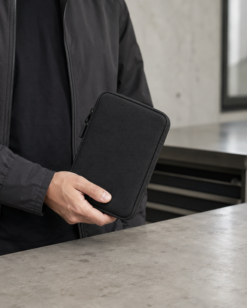 ICONTACTIC Compact Zip Organizer, concept render pending supplier verification, held in hand at a workshop table, illustrative
