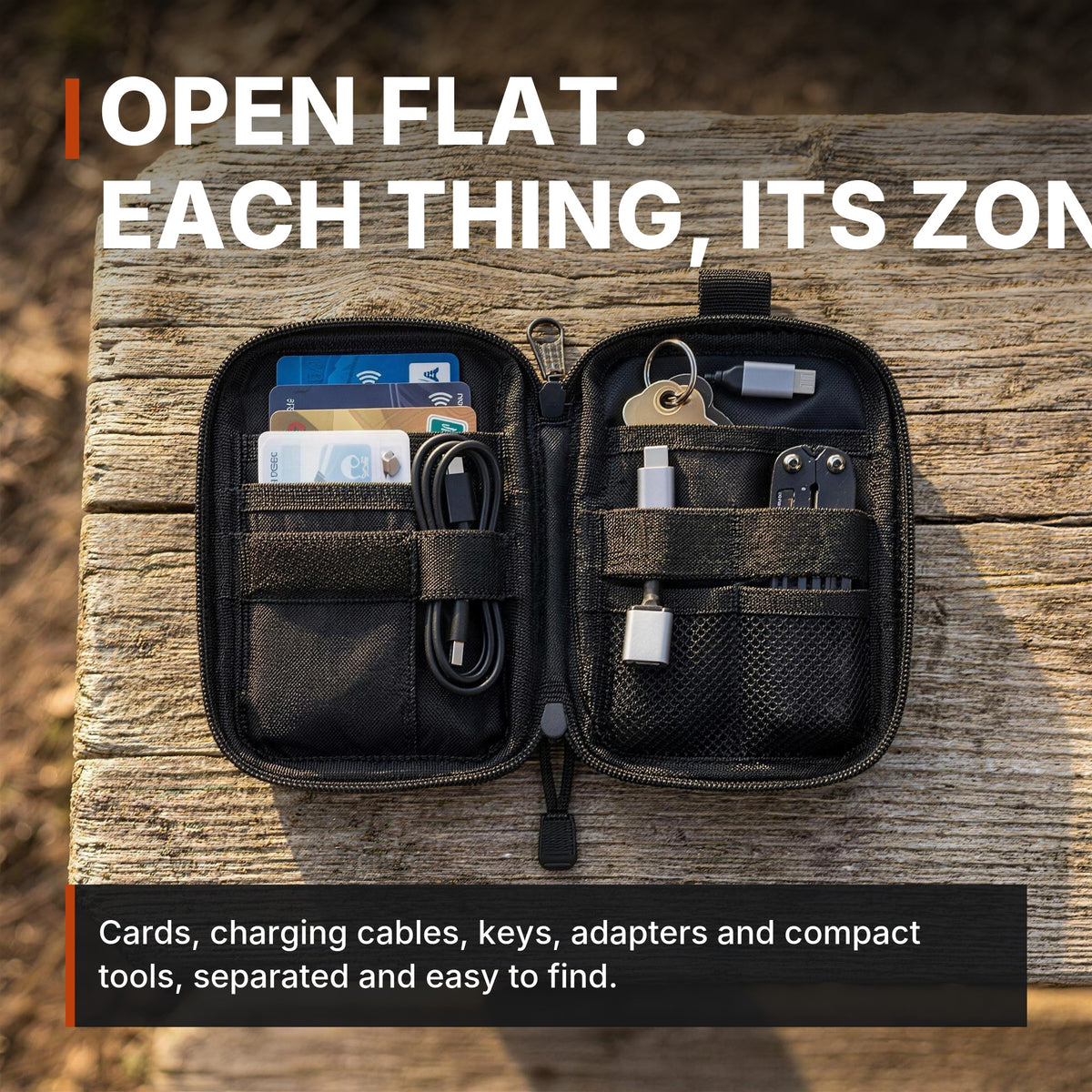 ICONTACTIC Compact Zip Organizer open flat, headline: open flat, each thing its zone. Concept render, illustrative