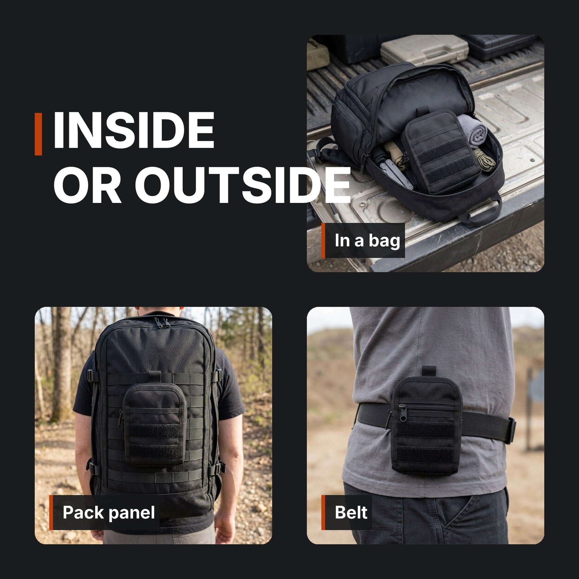 ICONTACTIC Compact Zip Organizer collage: in a bag, pack panel and belt. Concept renders, illustrative