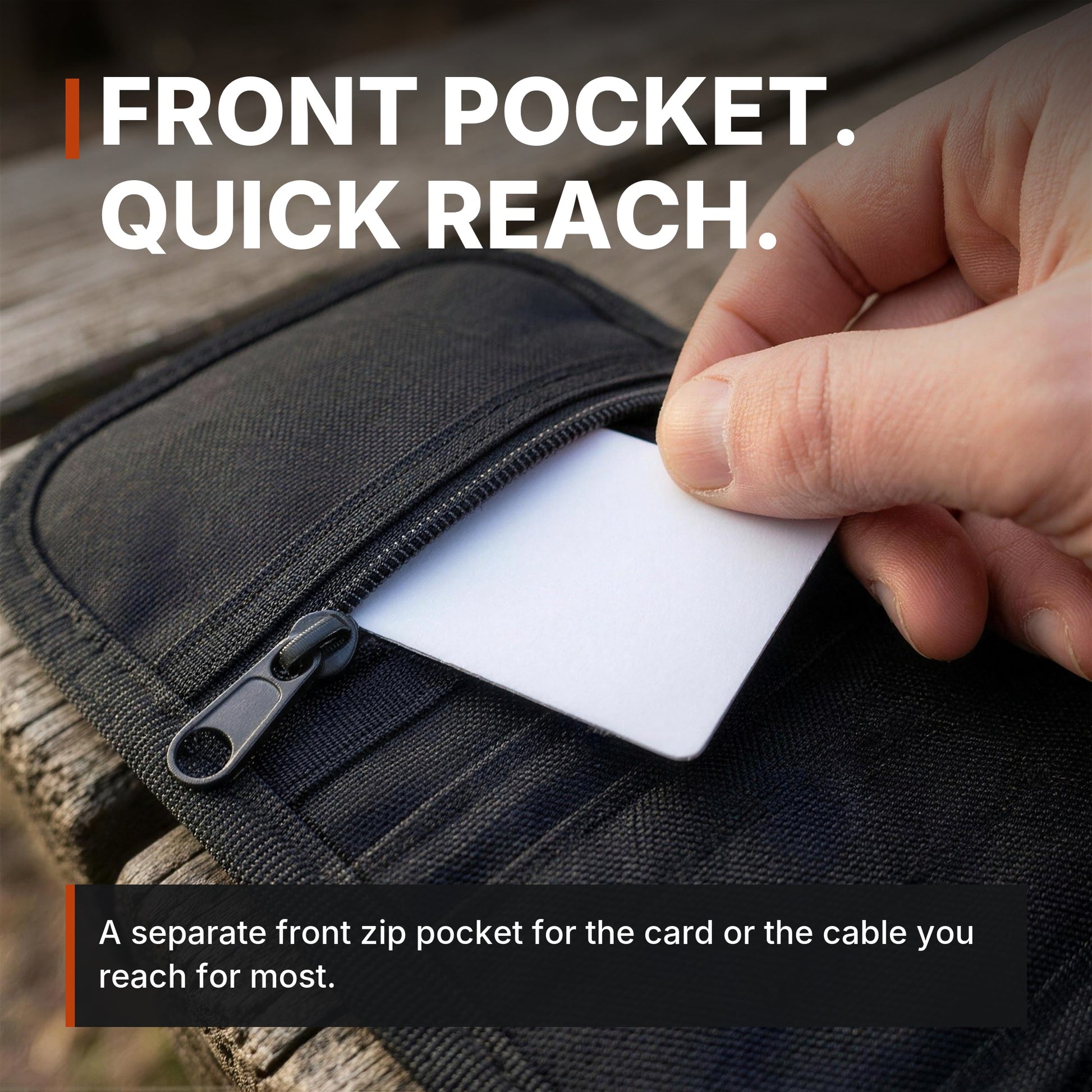 ICONTACTIC Compact Zip Organizer front pocket, headline: front pocket, quick reach. Concept render, illustrative