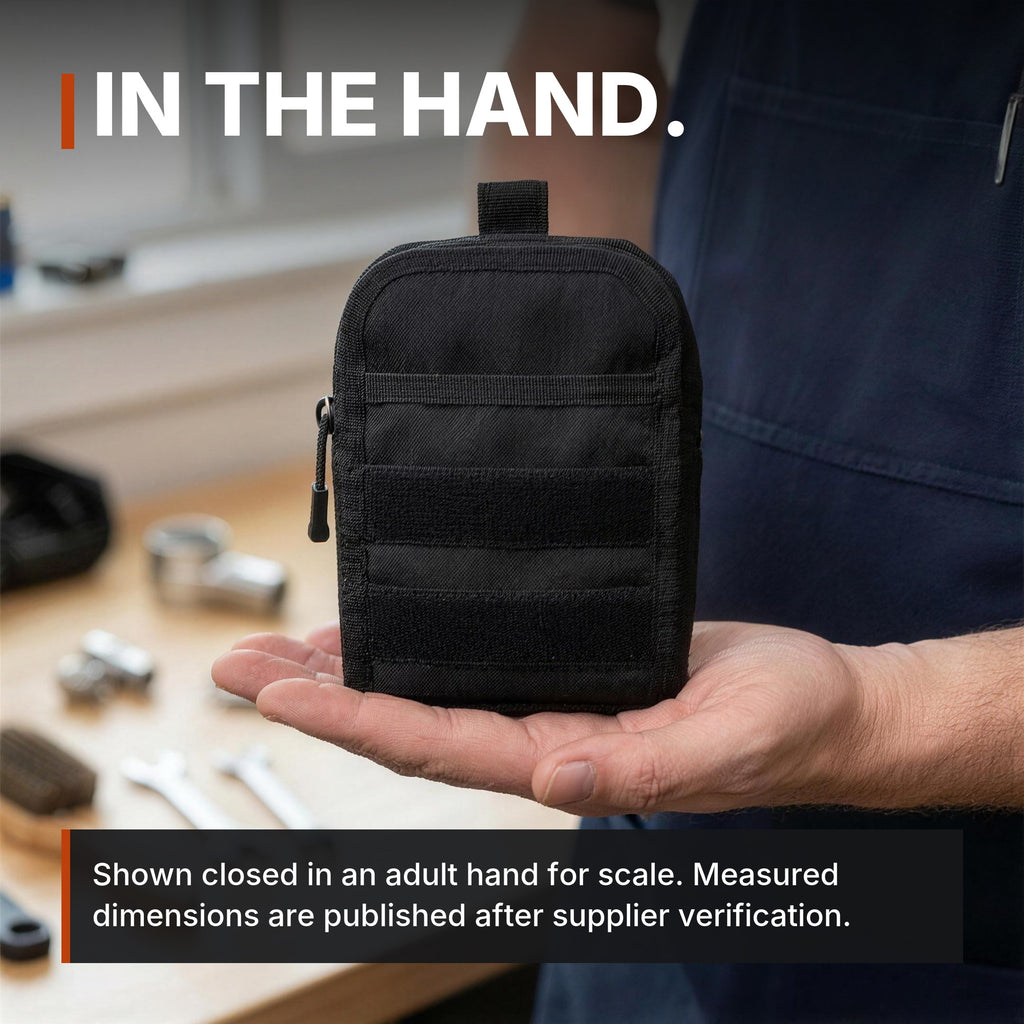 Compact Zip Organizer infographic: In the hand, shown closed for scale