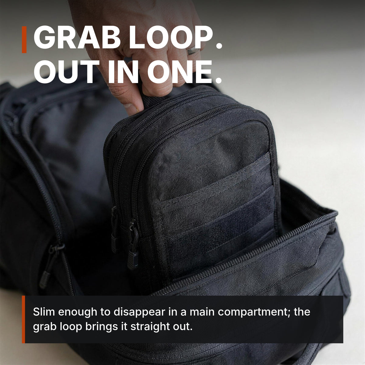 Compact Zip Organizer infographic: Grab loop, out in one