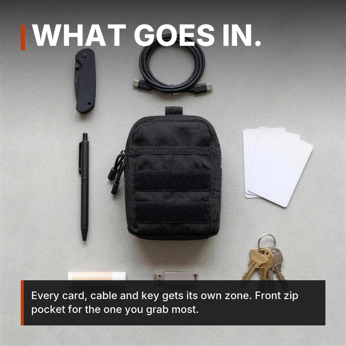 Compact Zip Organizer infographic: What goes in