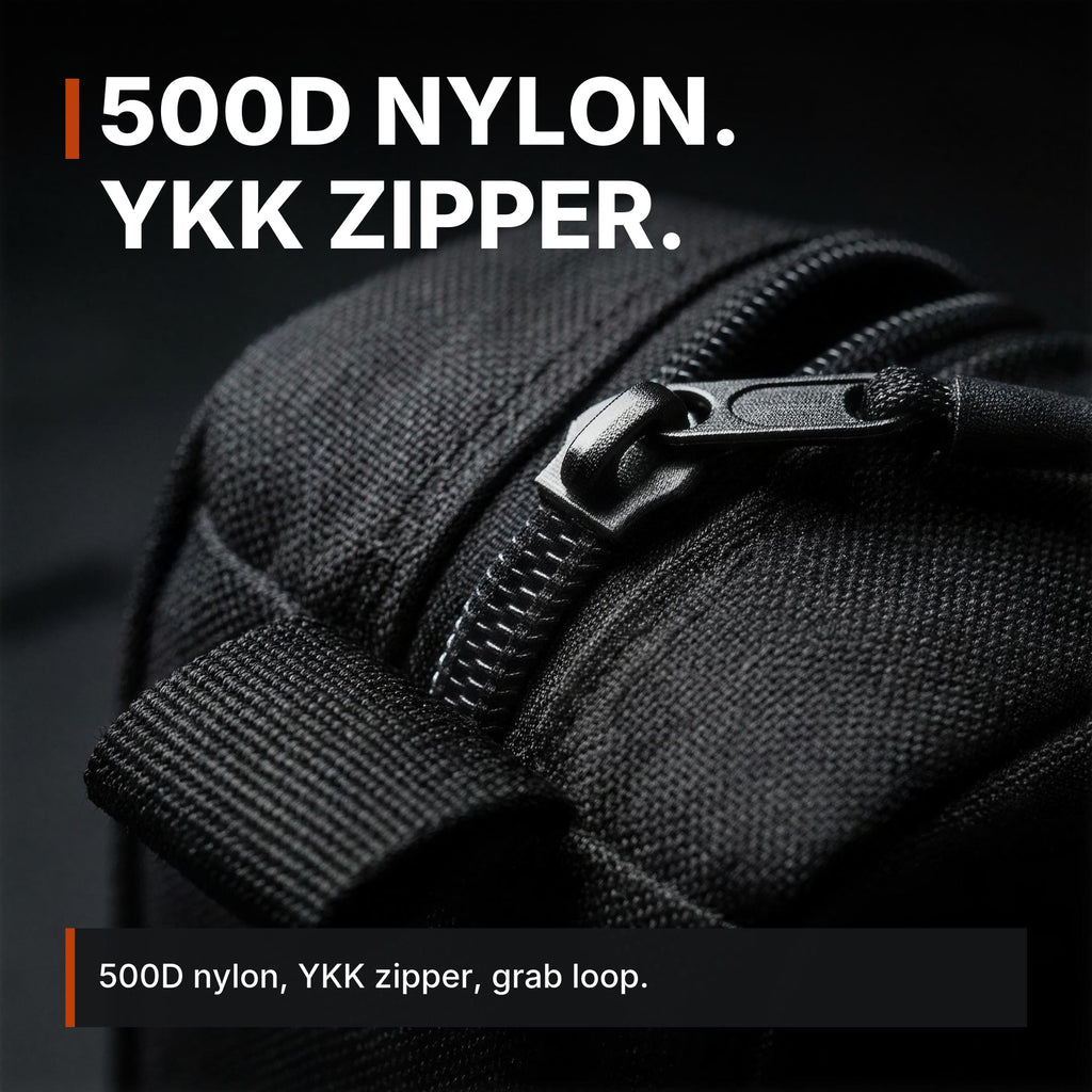 Compact Zip Organizer infographic: 500D nylon, YKK zipper