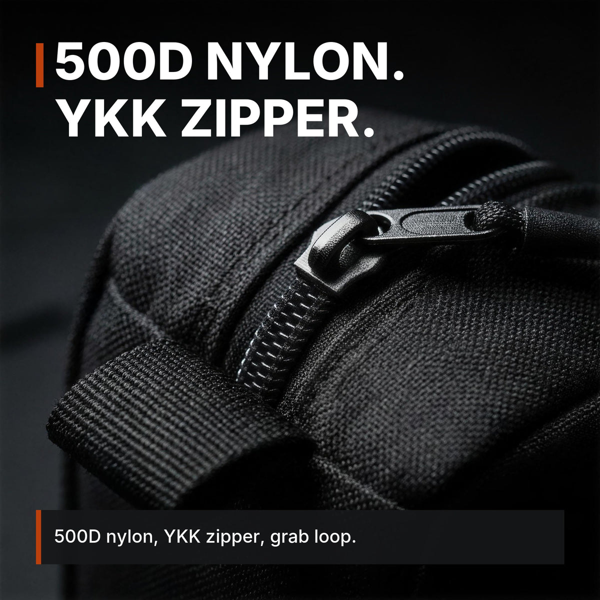 Compact Zip Organizer infographic: 500D nylon, YKK zipper