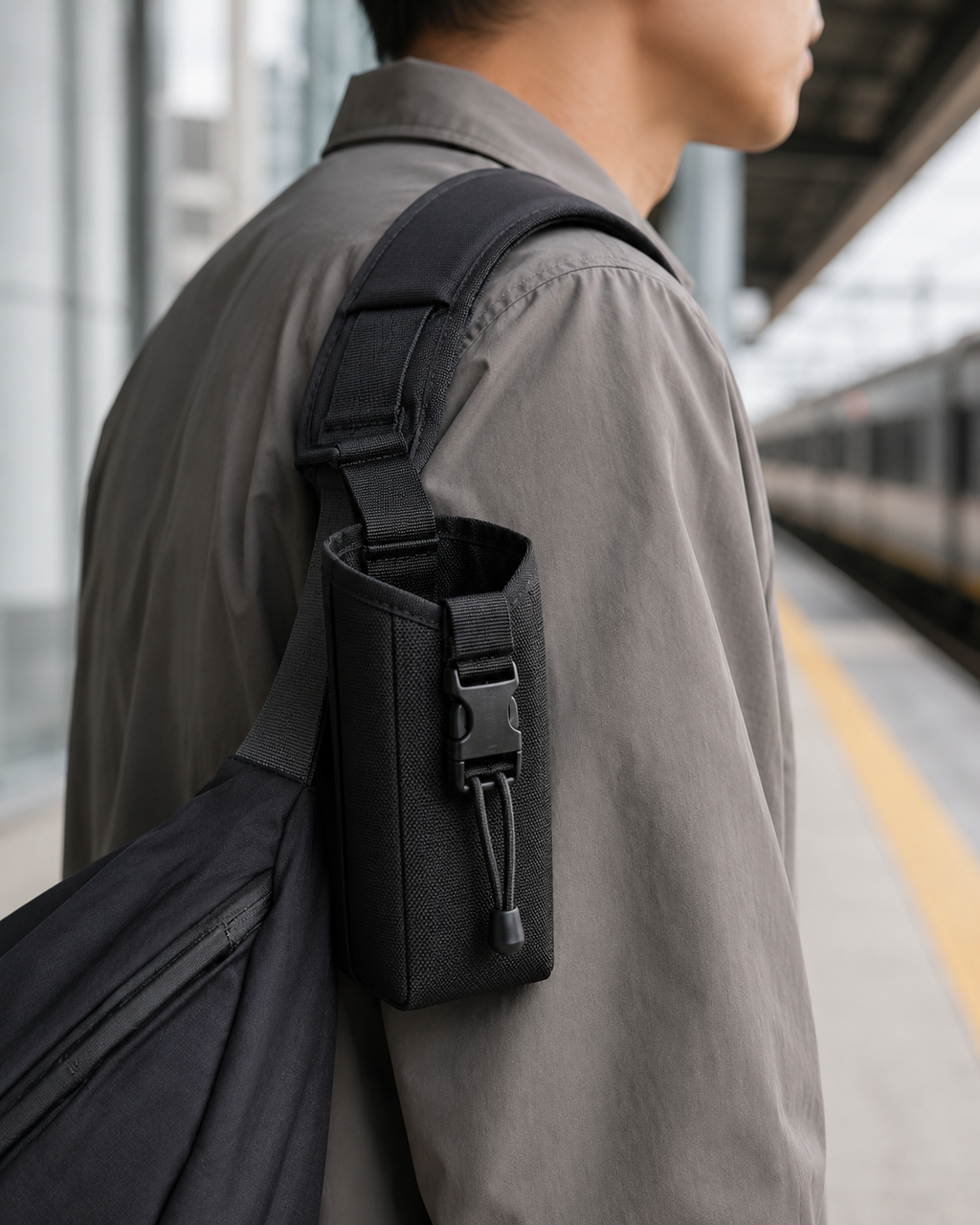 ICONTACTIC Adjustable Radio Carrier, concept render pending supplier verification, shown mounted on a bag strap, illustrative