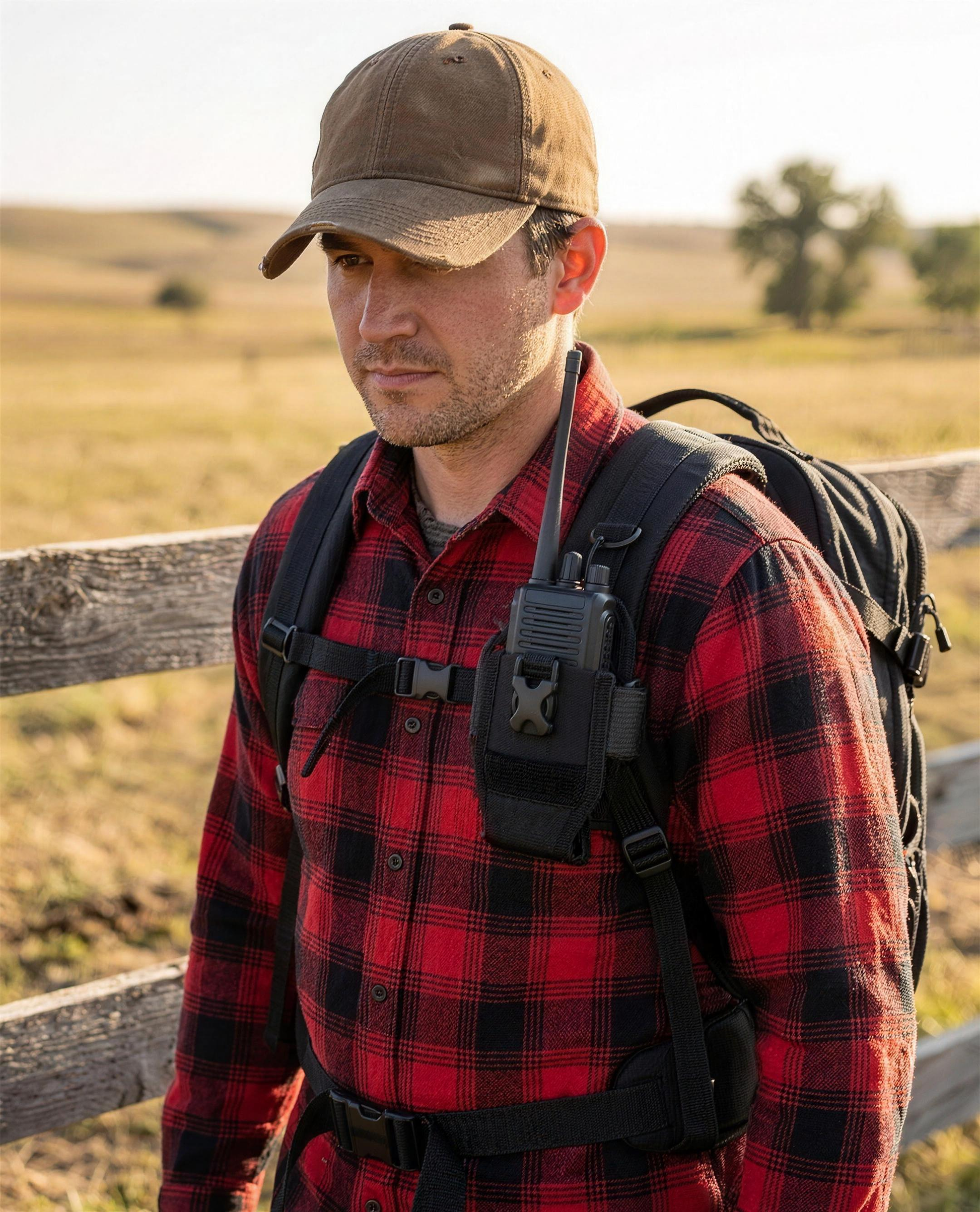ICONTACTIC Adjustable Radio Carrier, concept render pending supplier verification, holding a handheld radio on a backpack strap, illustrative