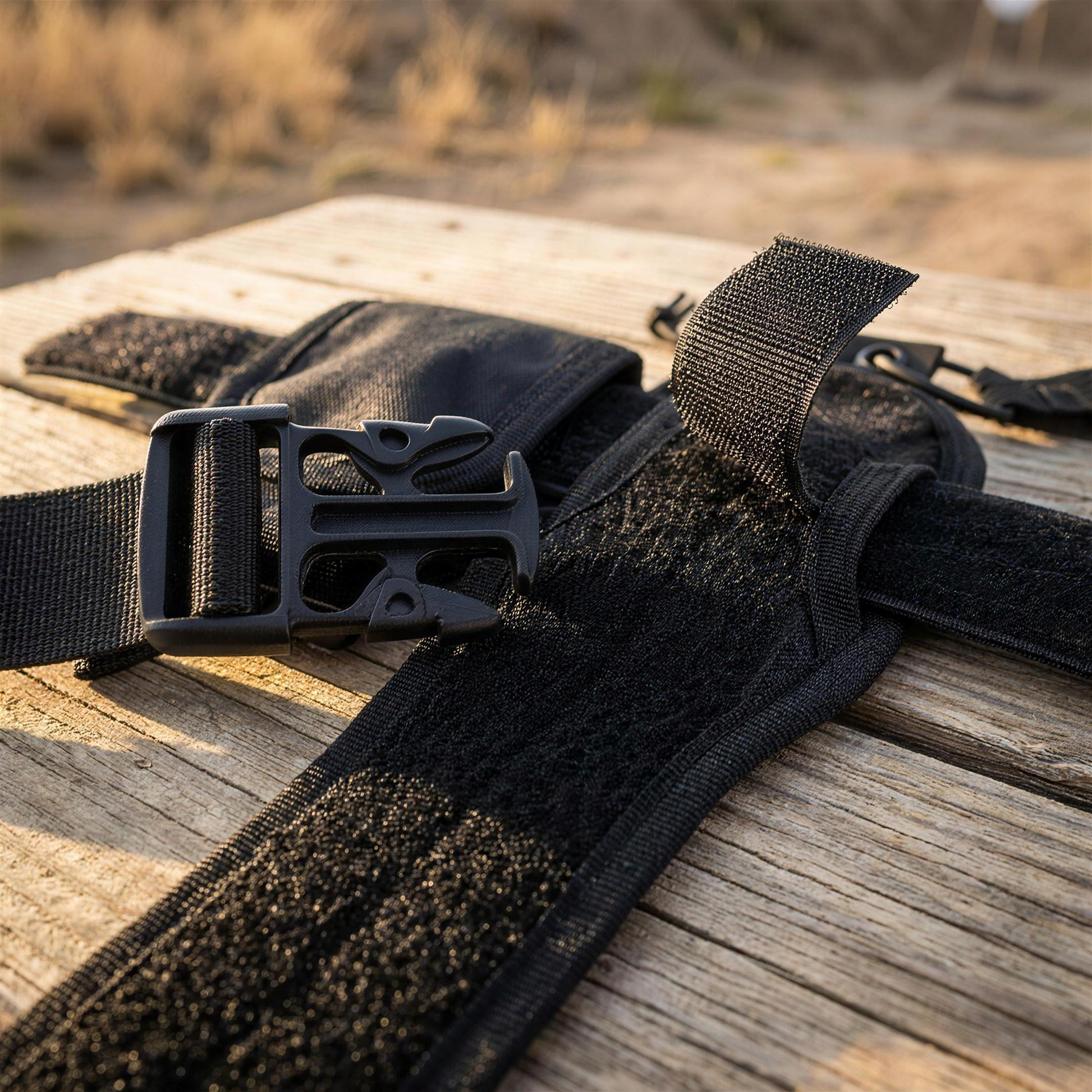 ICONTACTIC Adjustable Radio Carrier, concept render pending supplier verification, close-up of the quick-release buckle and adjustment panel