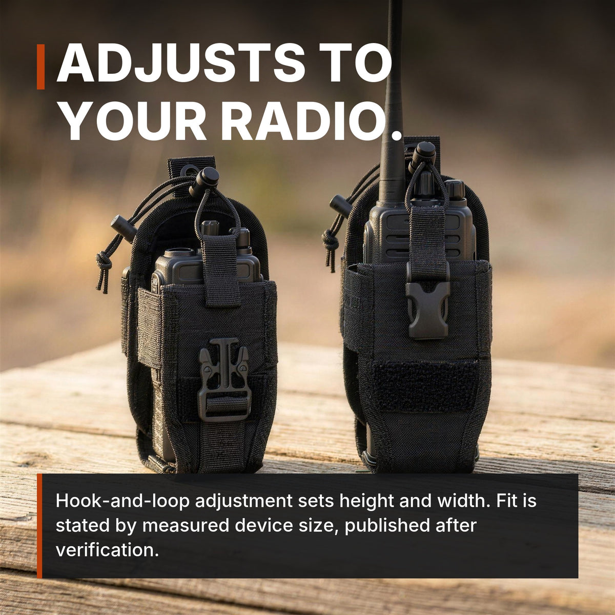 ICONTACTIC Adjustable Radio Carrier around two radio sizes, headline: adjusts to your radio. Concept render, illustrative