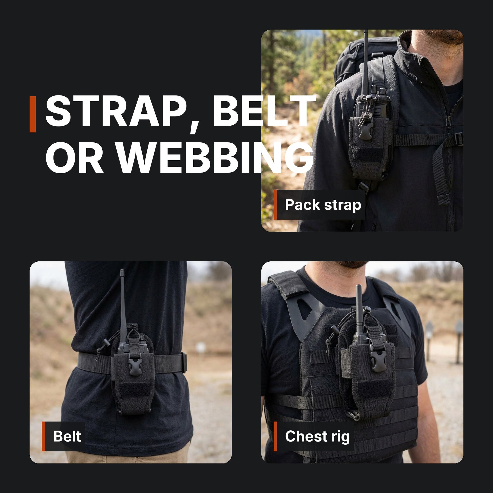 ICONTACTIC Adjustable Radio Carrier collage: pack strap, belt and chest rig. Concept renders, illustrative