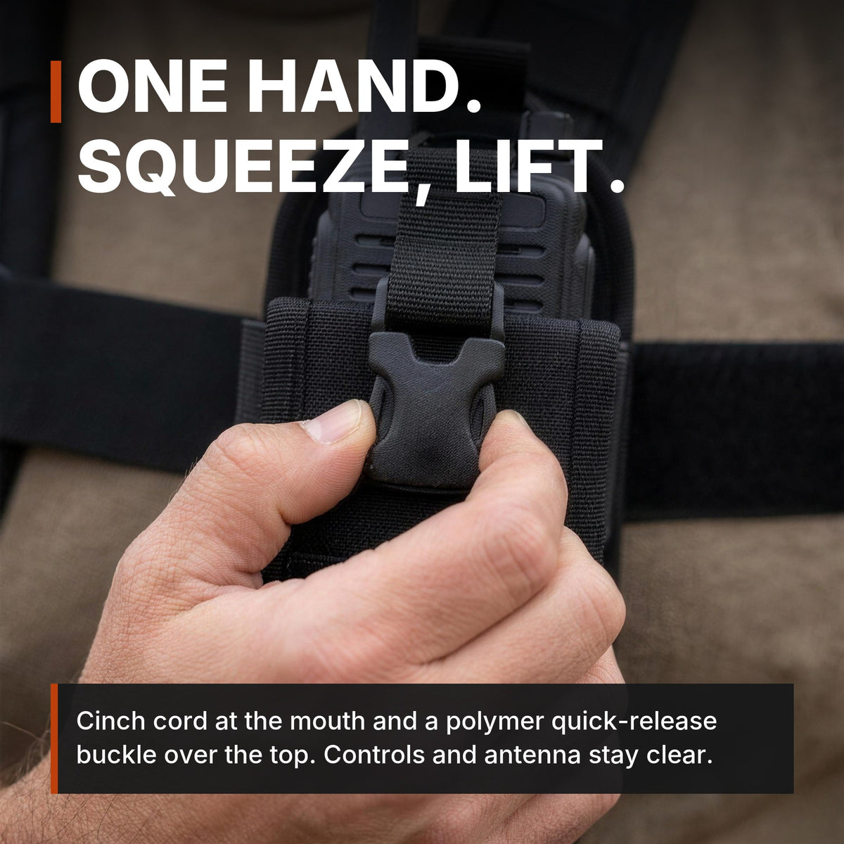 ICONTACTIC Adjustable Radio Carrier quick release, headline: one hand, squeeze, lift. Concept render, illustrative