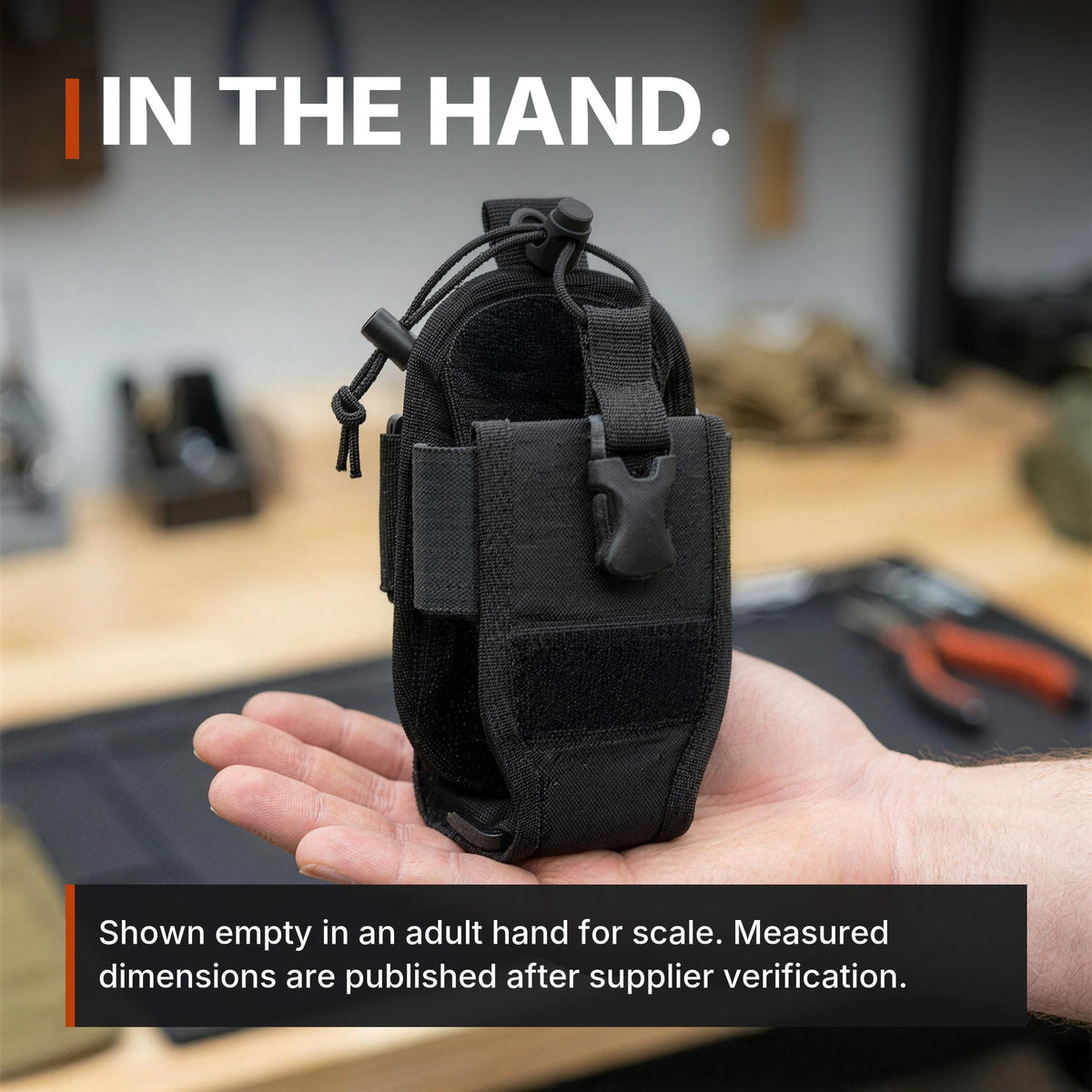 Adjustable Radio Carrier infographic: In the hand, shown empty for scale