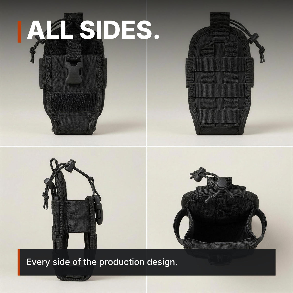 Adjustable Radio Carrier infographic: All sides, four views, shown empty