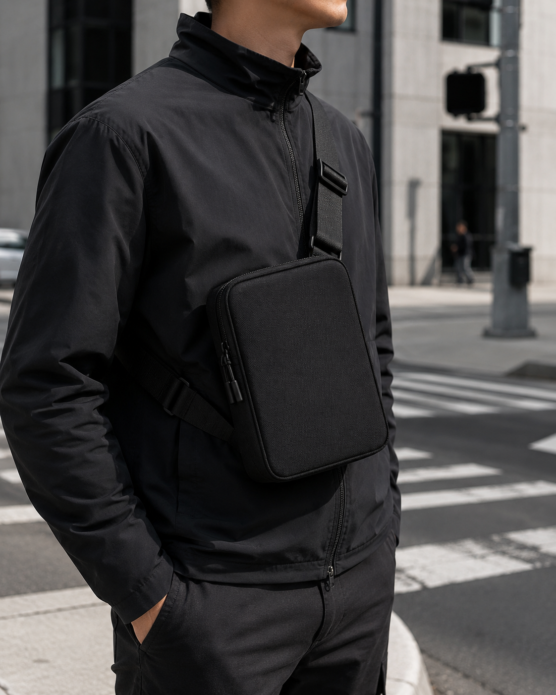 ICONTACTIC Modular Crossbody Bag, concept render pending supplier verification, worn crossbody in an urban setting, illustrative