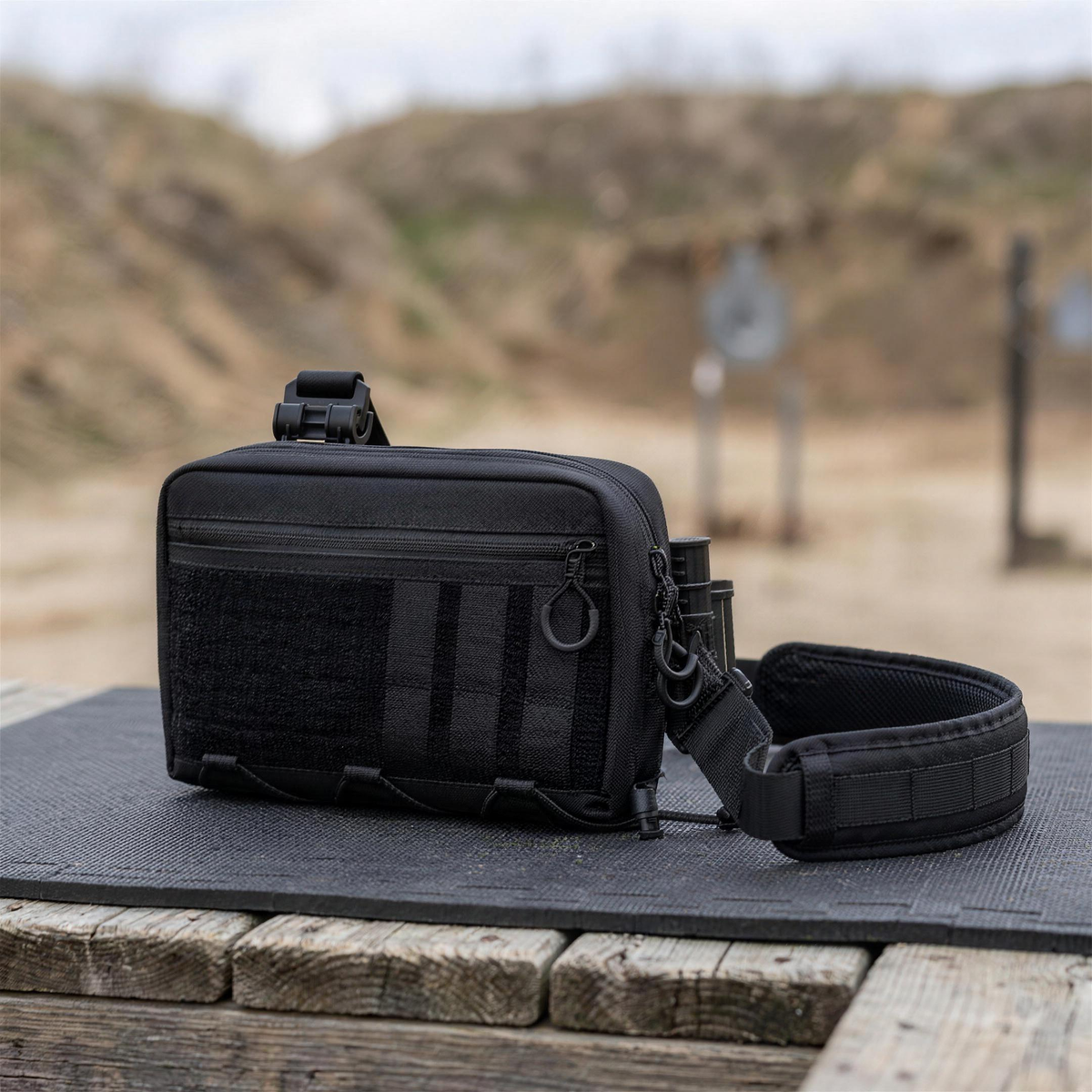 ICONTACTIC Modular Crossbody Bag, concept render pending supplier verification, front view with strap on an outdoor range bench