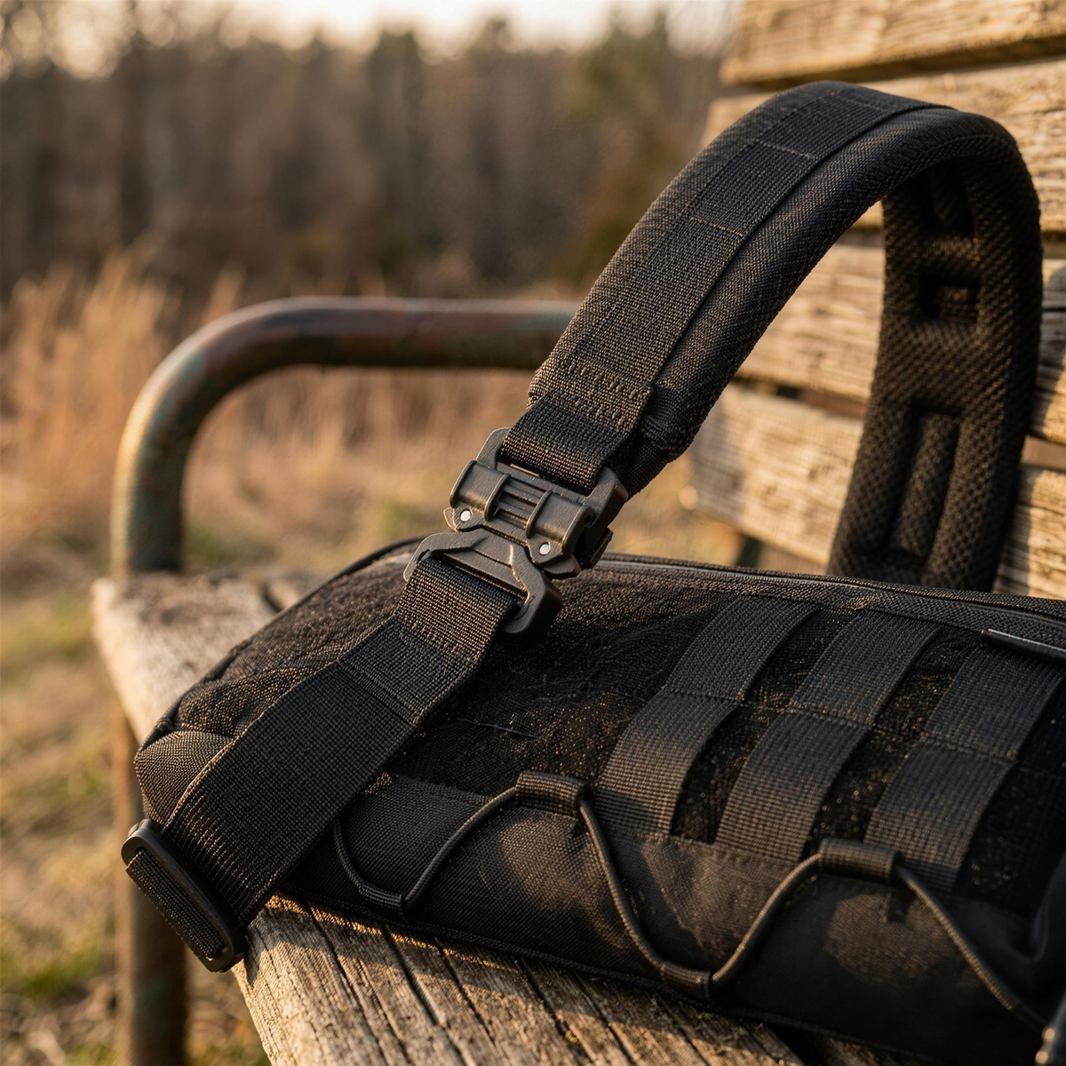 ICONTACTIC Modular Crossbody Bag, concept render pending supplier verification, close-up of the rotating strap buckle and padded strap