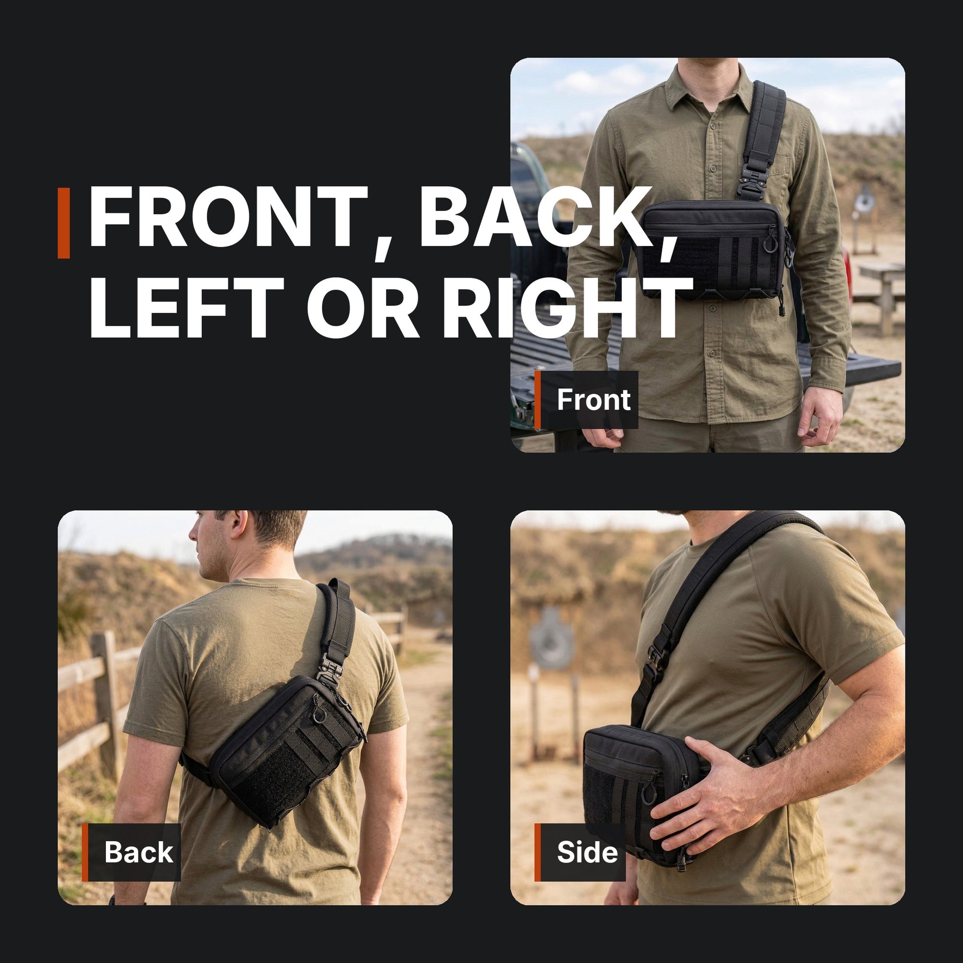 ICONTACTIC Modular Crossbody Bag collage: front, back and side carry. Concept renders, illustrative