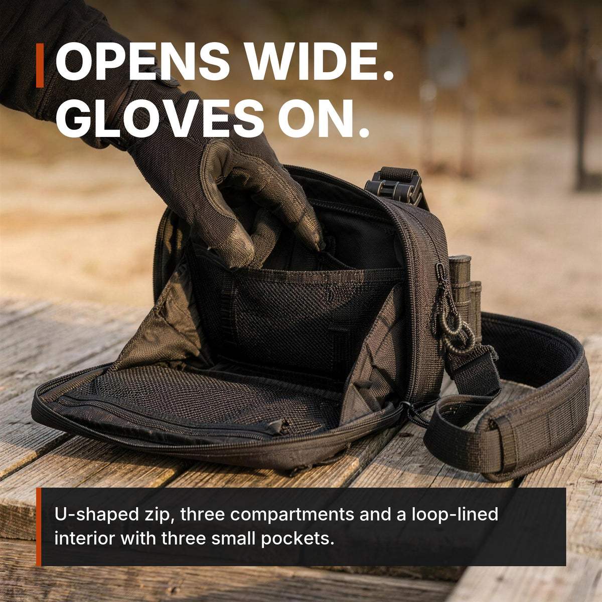 ICONTACTIC Modular Crossbody Bag opened wide with a gloved hand, headline: opens wide, gloves on. Concept render, illustrative