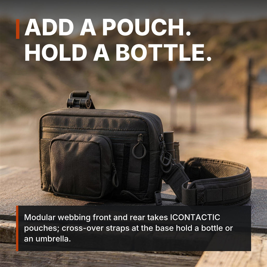 Modular Crossbody Bag with a pouch on the webbing: add a pouch, hold a bottle