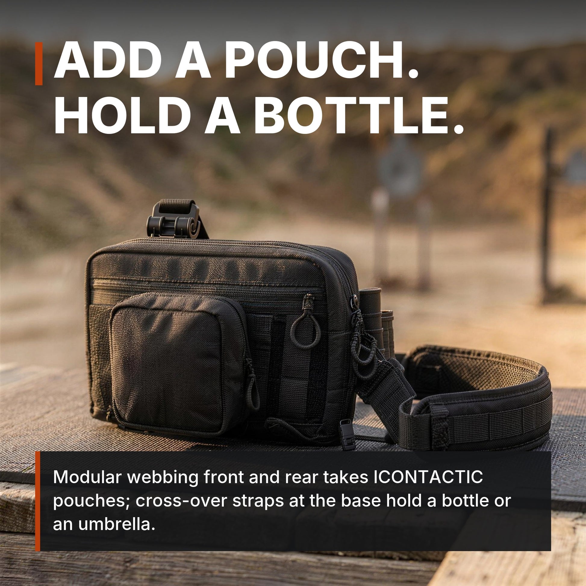 ICONTACTIC Modular Crossbody Bag with a pouch on the webbing, headline: add a pouch, hold a bottle. Concept render, illustrative