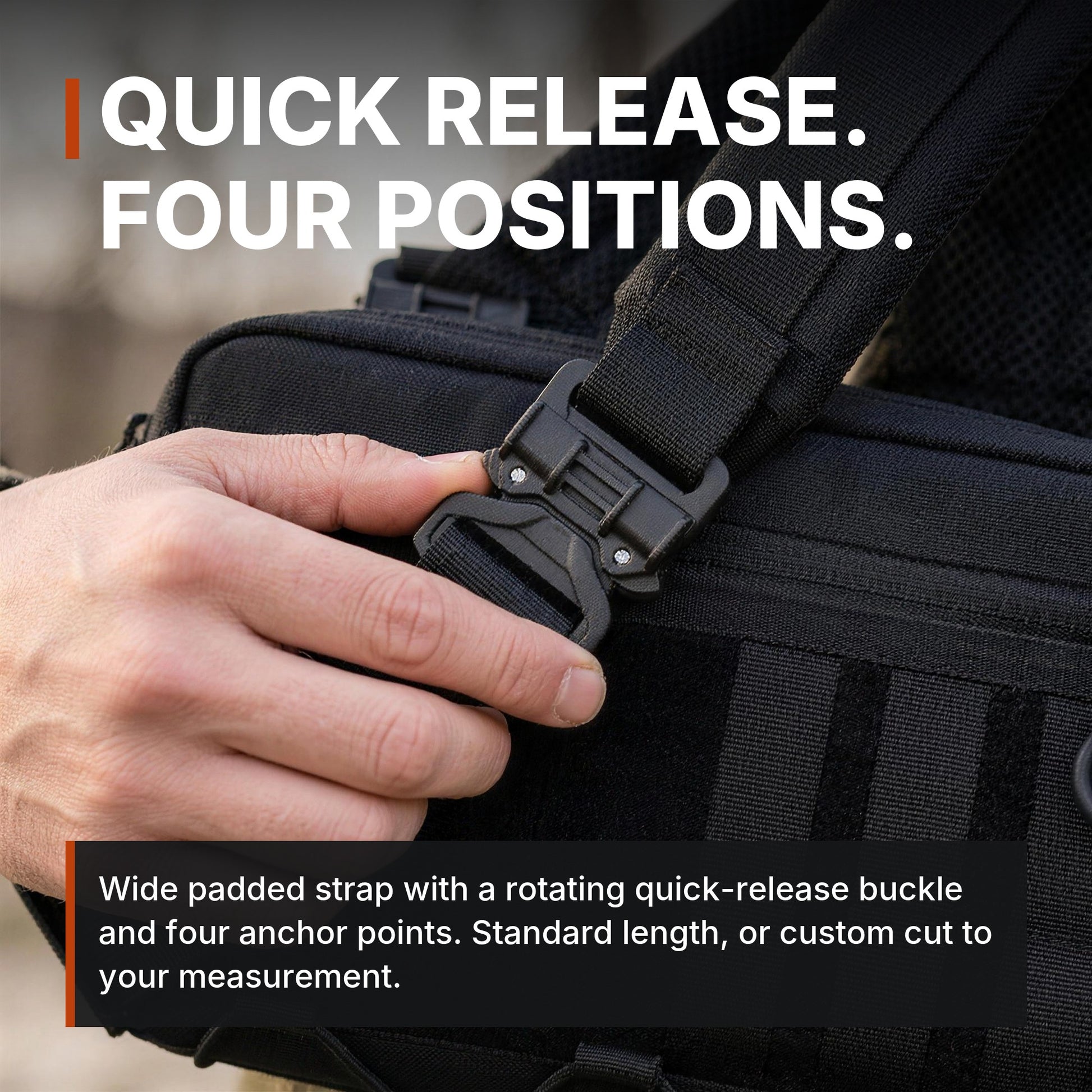 ICONTACTIC Modular Crossbody Bag quick-release buckle, headline: quick release, four positions. Concept render, illustrative