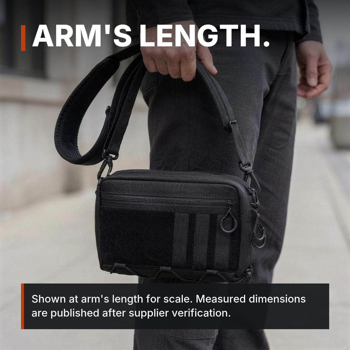 Modular Crossbody Bag infographic: Arm's length, shown for scale