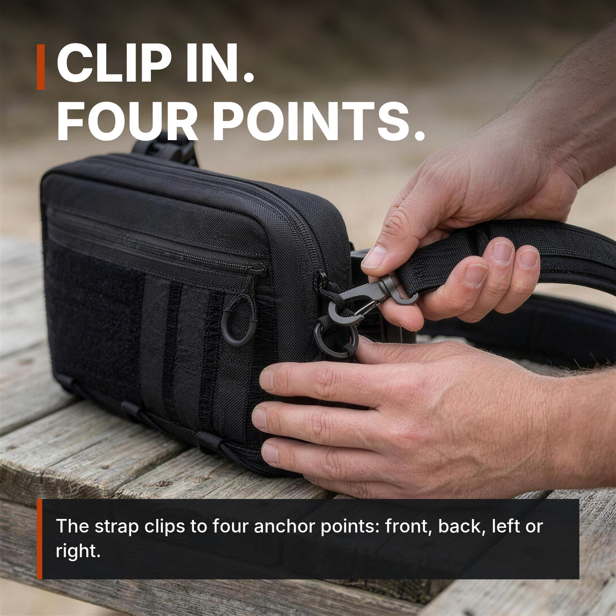 Modular Crossbody Bag infographic: Clip in, four points