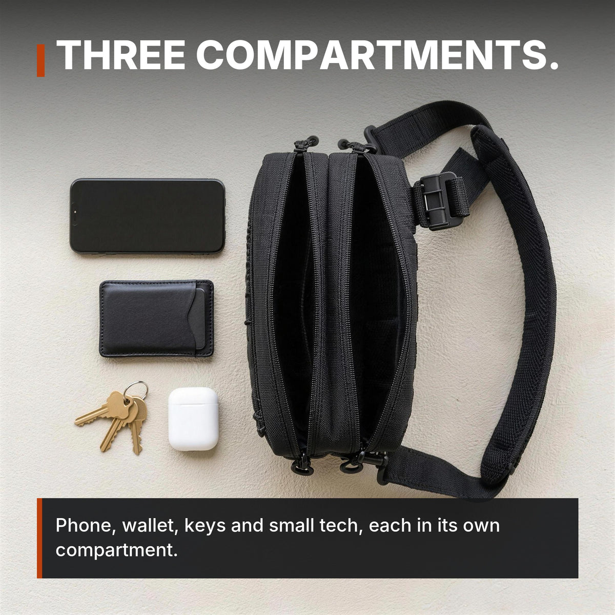 Modular Crossbody Bag infographic: Three compartments