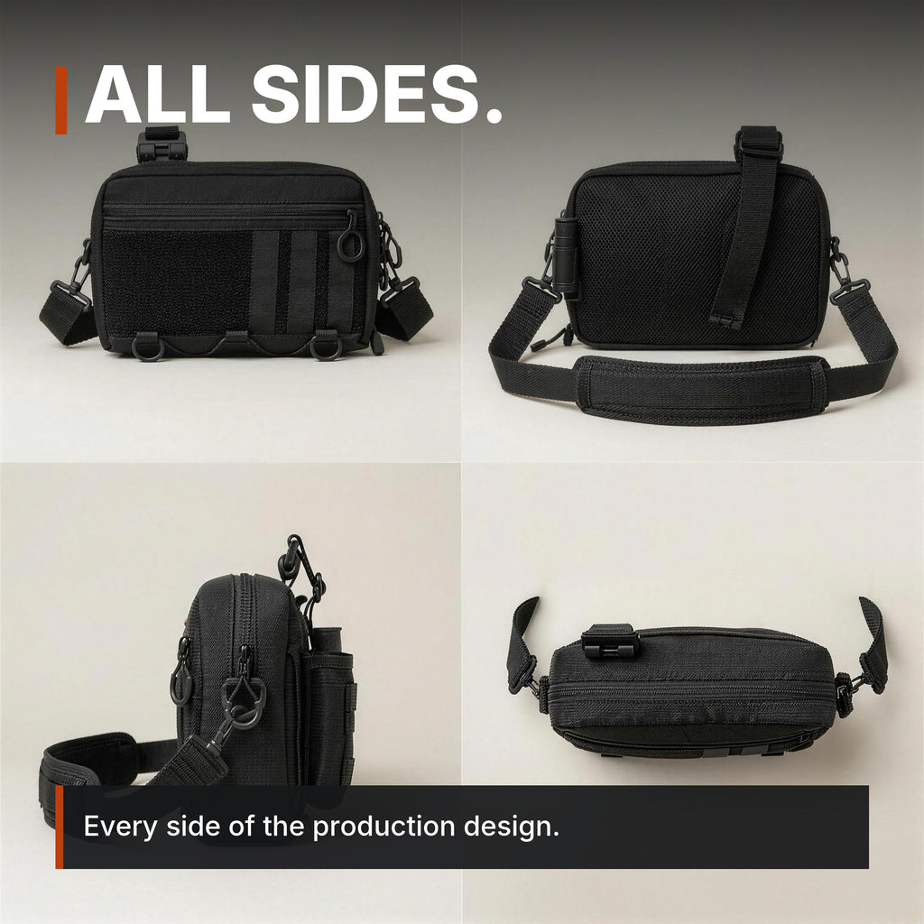 Modular Crossbody Bag infographic: All sides, four views
