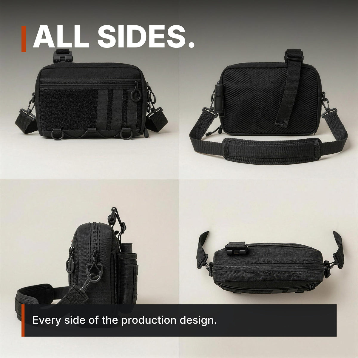 Modular Crossbody Bag infographic: All sides, four views