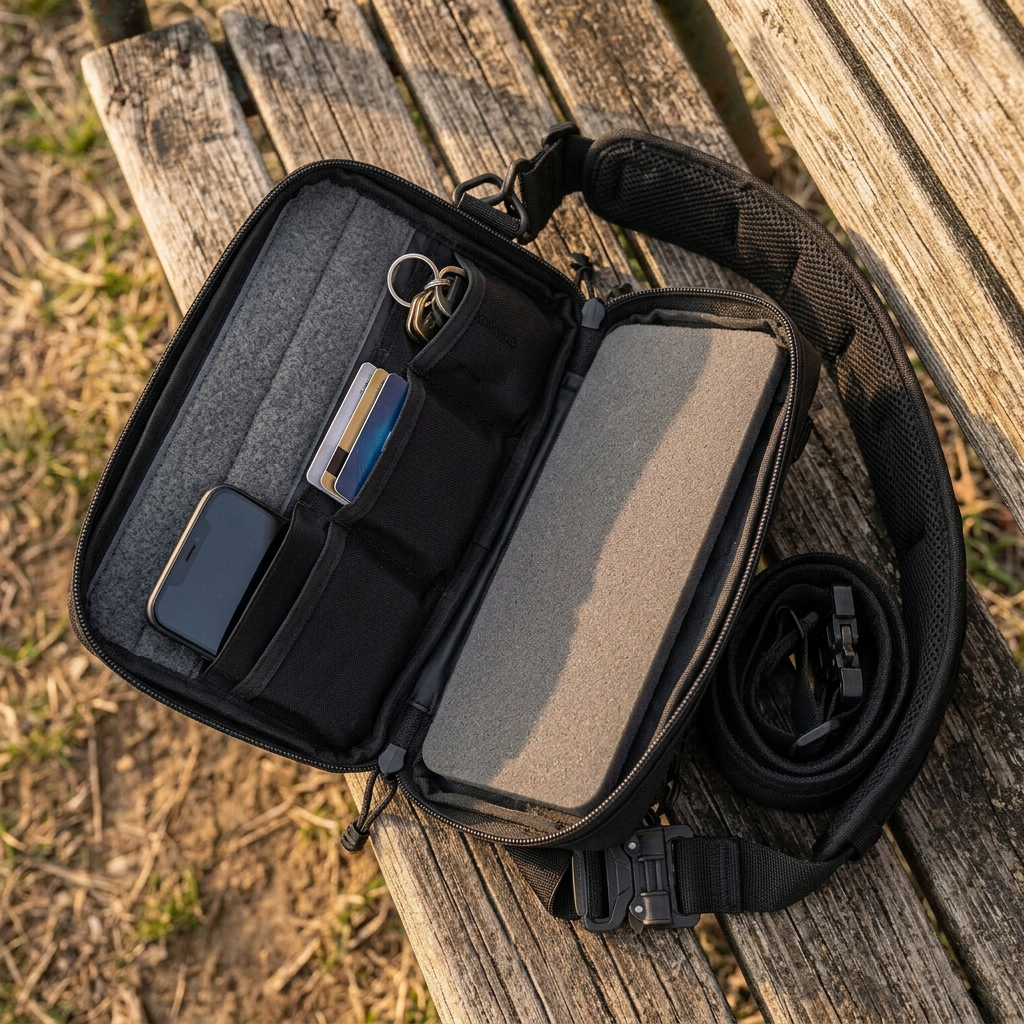 Three compartments, loop lining, padded back.