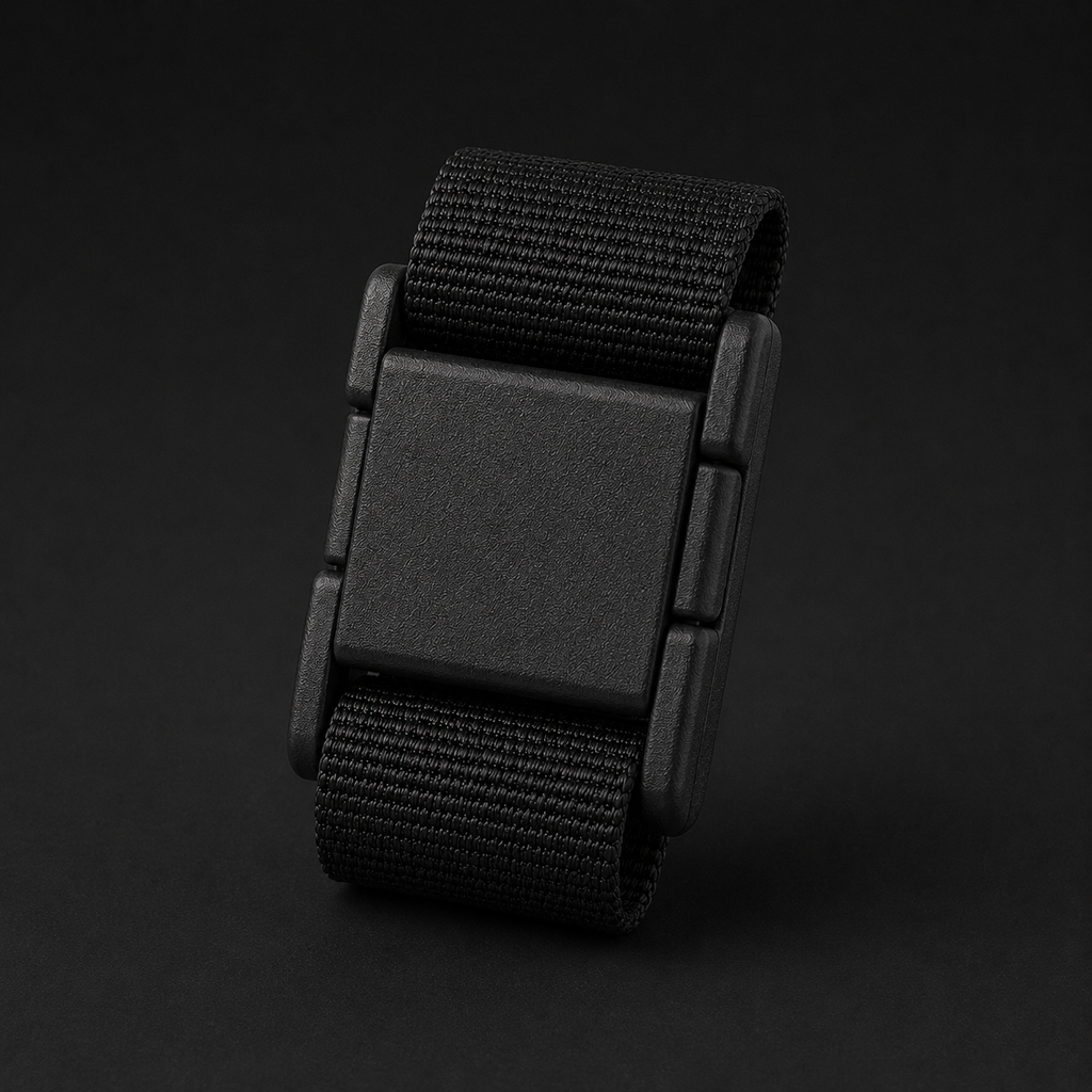 ICONTACTIC 25mm Quick-Connect Buckle, concept render pending supplier verification, closed on webbing, on graphite