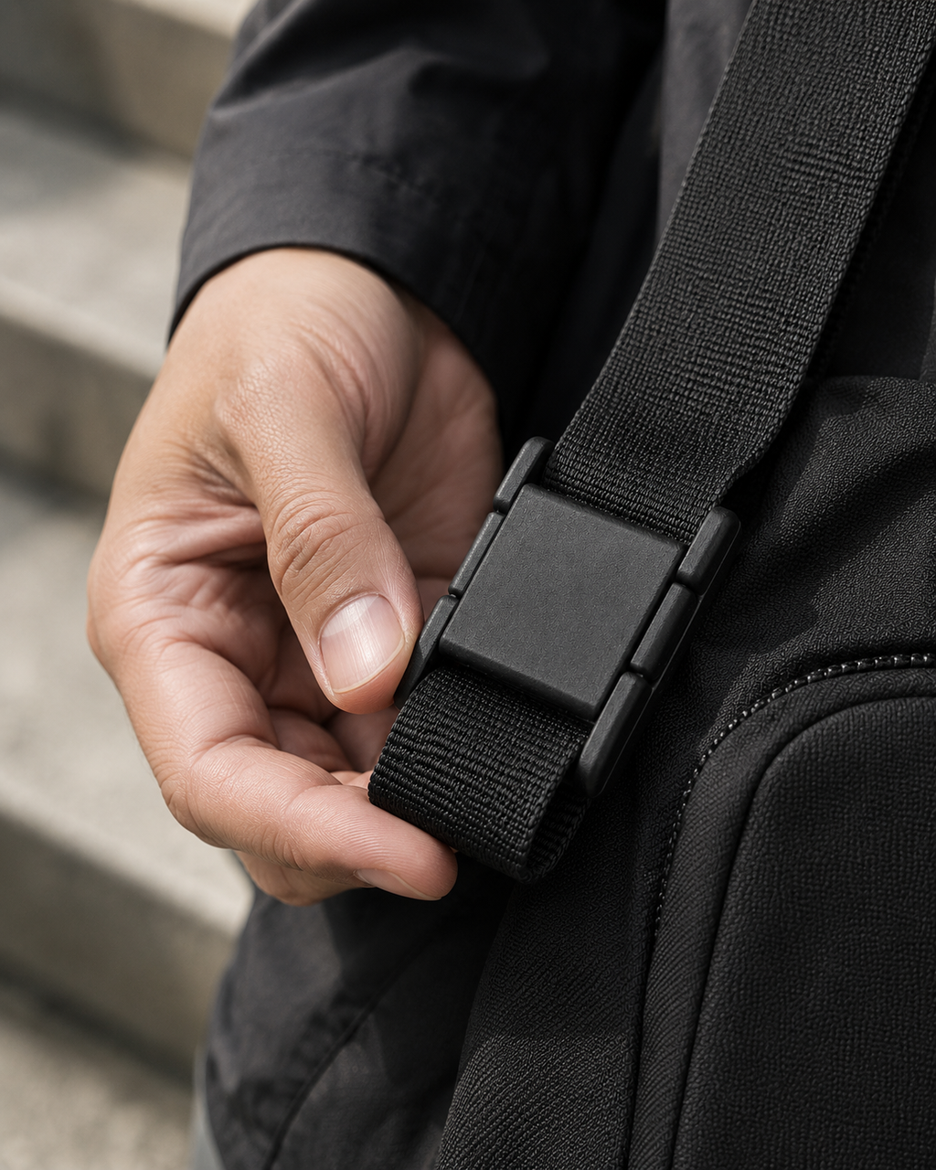 ICONTACTIC 25mm Quick-Connect Buckle, concept render pending supplier verification, shown on a bag strap in hand, illustrative