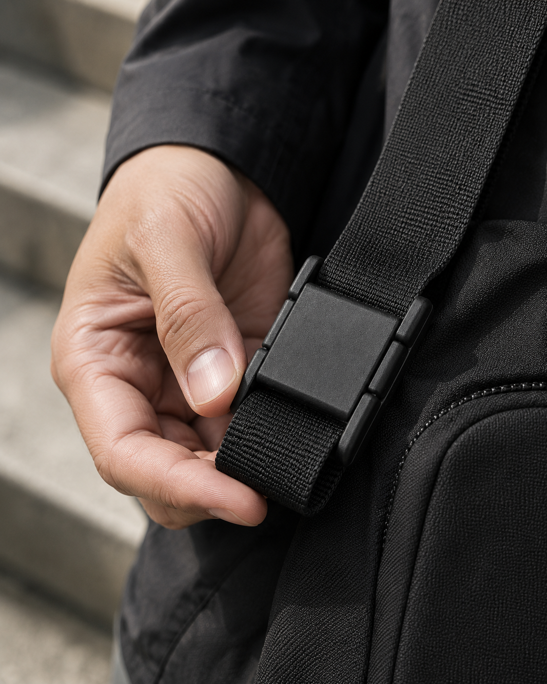ICONTACTIC 25mm Quick-Connect Buckle, concept render pending supplier verification, shown on a bag strap in hand, illustrative