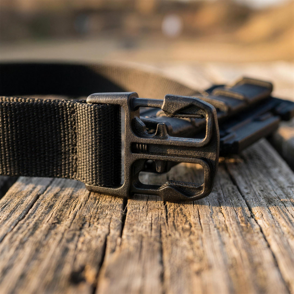 ICONTACTIC 25mm Quick-Connect Buckle, concept render pending supplier verification, close-up of the open jaw with webbing