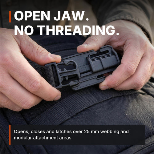 ICONTACTIC 25mm Quick-Connect Buckle, headline: open jaw, no threading. Concept render, illustrative