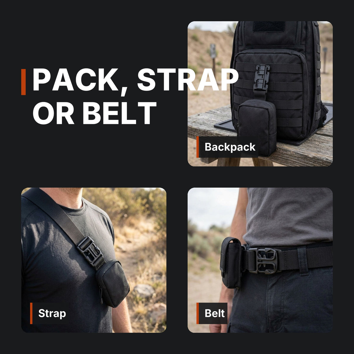 ICONTACTIC 25mm Quick-Connect Buckle collage: backpack, strap and belt. Concept renders, illustrative