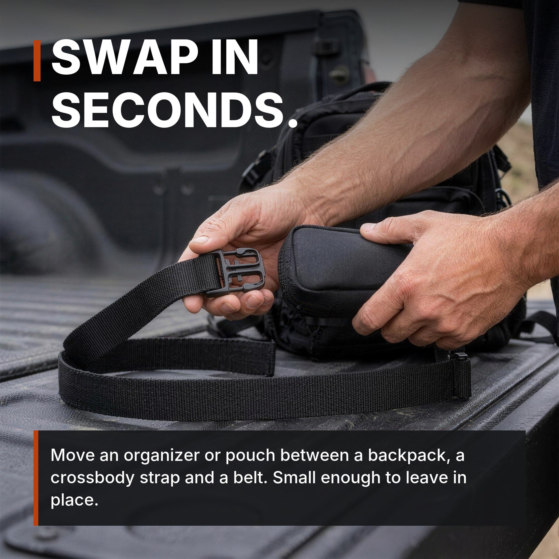 ICONTACTIC 25mm Quick-Connect Buckle moving a pouch, headline: swap in seconds. Concept render, illustrative