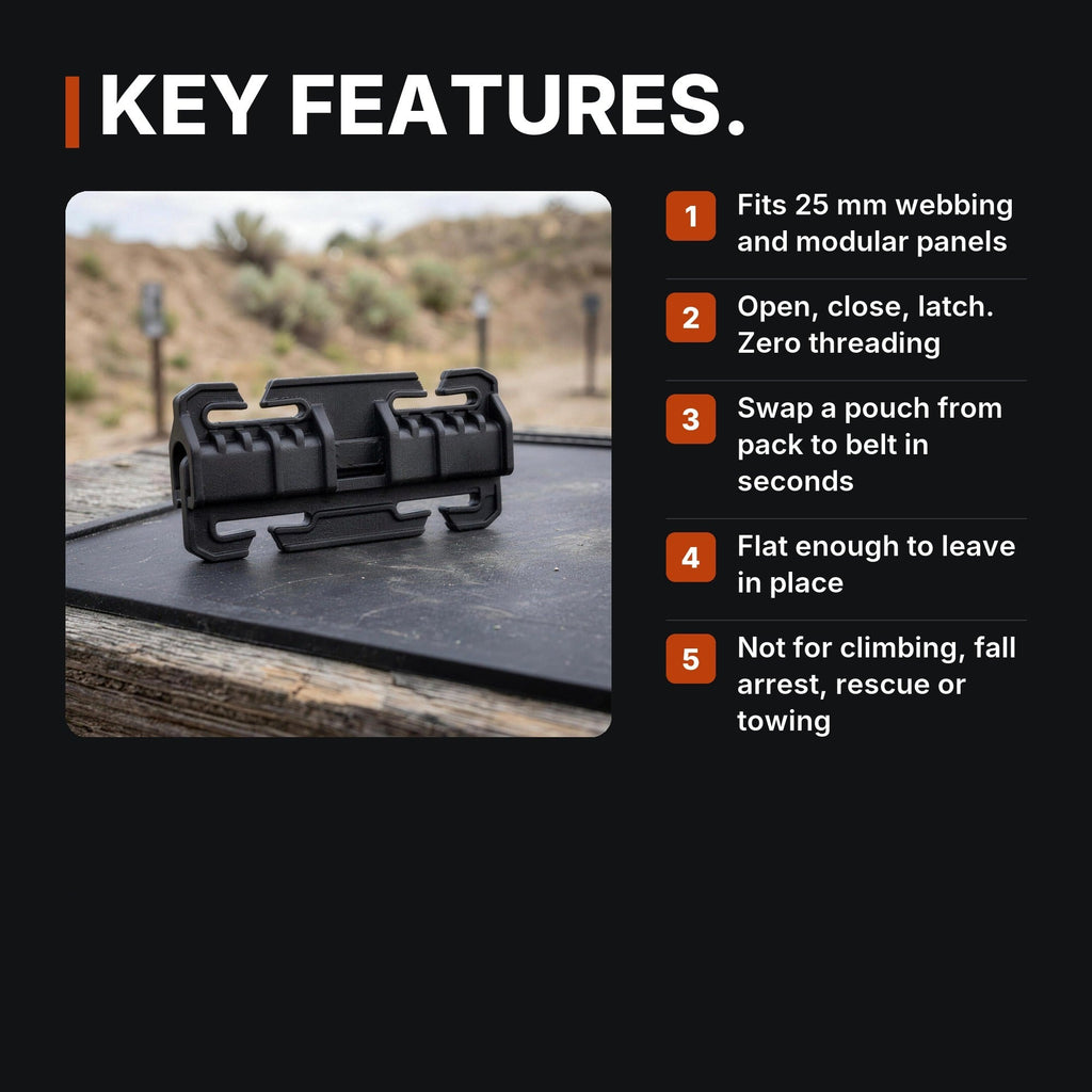 25mm Quick-Connect Buckle infographic: Key features