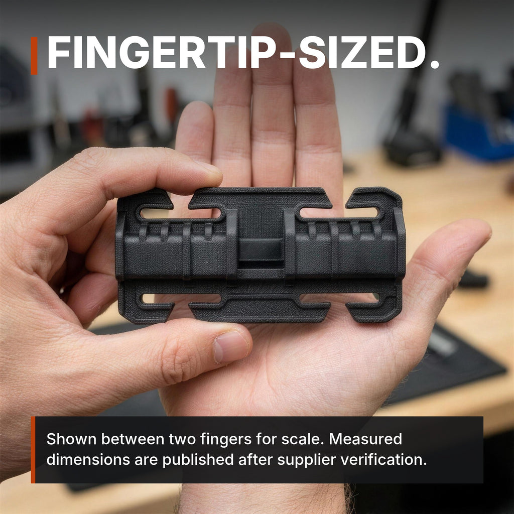 25mm Quick-Connect Buckle infographic: Fingertip-sized, shown between two fingers for scale