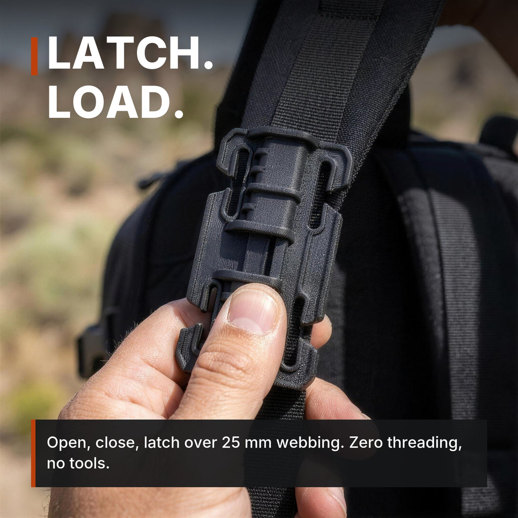25mm Quick-Connect Buckle infographic: Latch, load