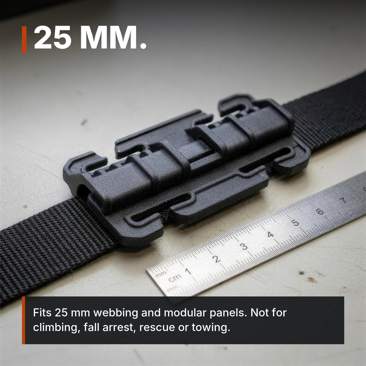 25mm Quick-Connect Buckle infographic: 25 mm webbing