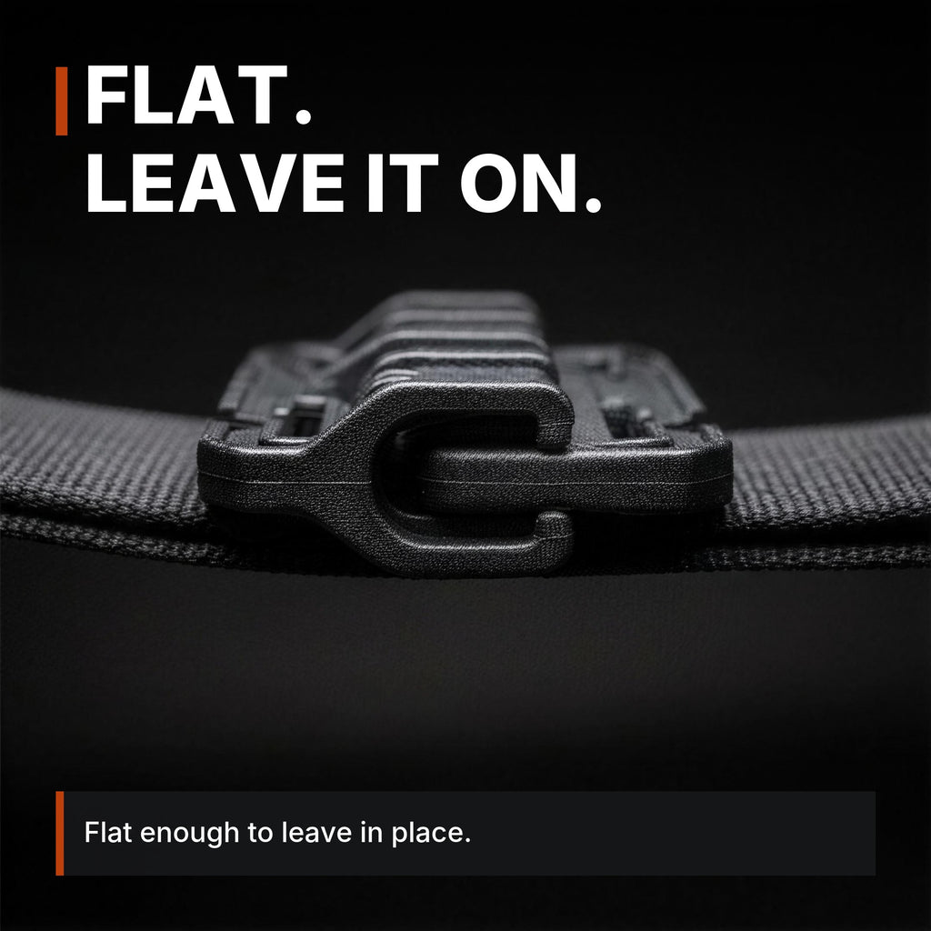 25mm Quick-Connect Buckle infographic: Flat, leave it on