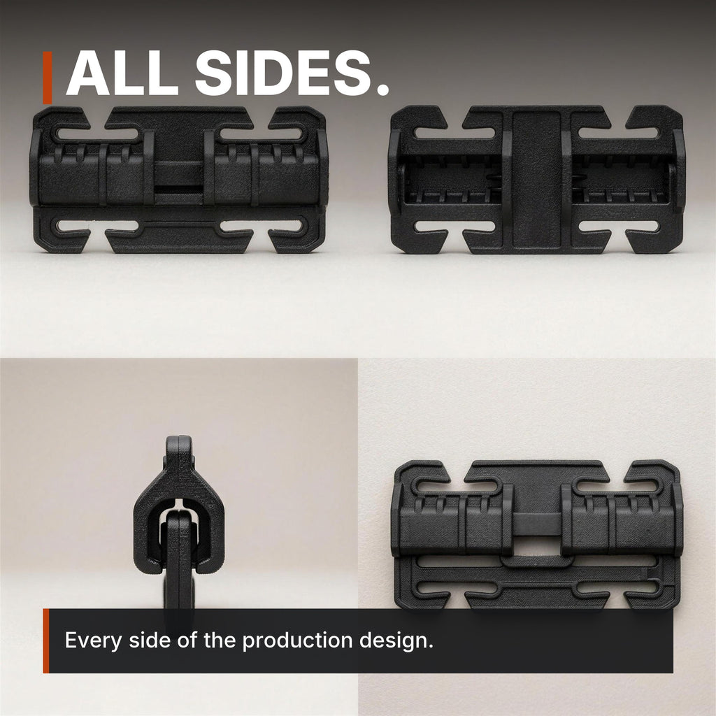 25mm Quick-Connect Buckle infographic: All sides, four views