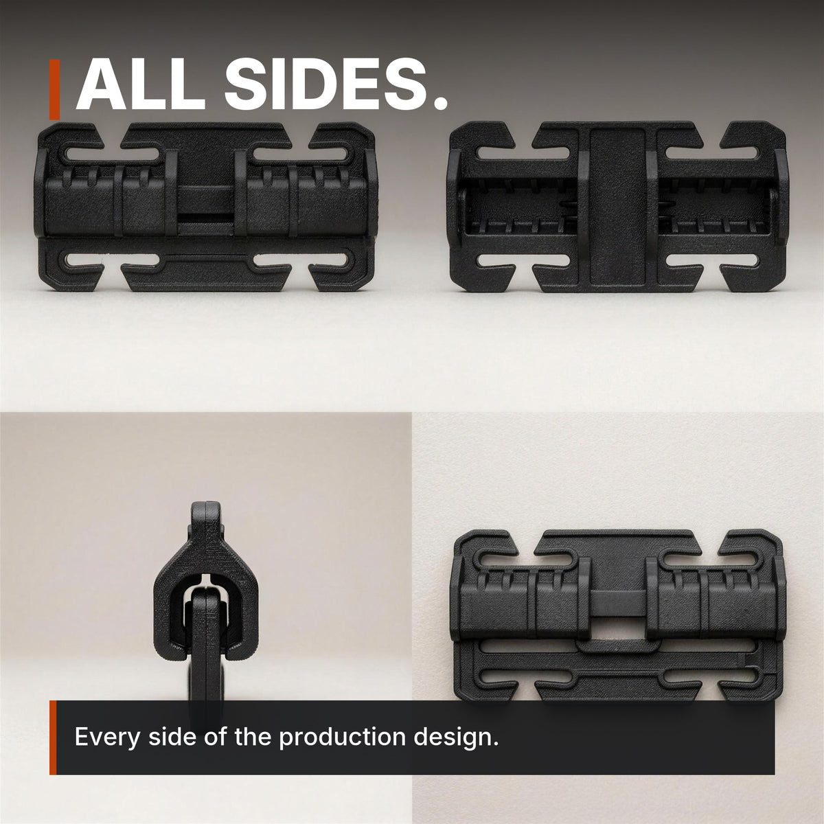25mm Quick-Connect Buckle infographic: All sides, four views