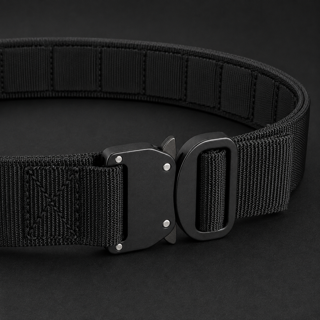 ICONTACTIC 1.75" Outer Equipment Belt, concept render pending supplier verification, buckle and webbing close-up on graphite
