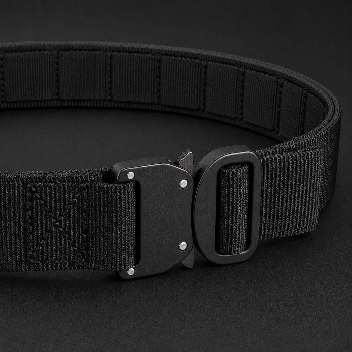 ICONTACTIC 1.75" Outer Equipment Belt, concept render pending supplier verification, buckle and webbing close-up on graphite