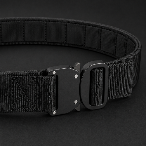ICONTACTIC 1.75" Outer Equipment Belt, concept render pending supplier verification, buckle and webbing close-up on graphite