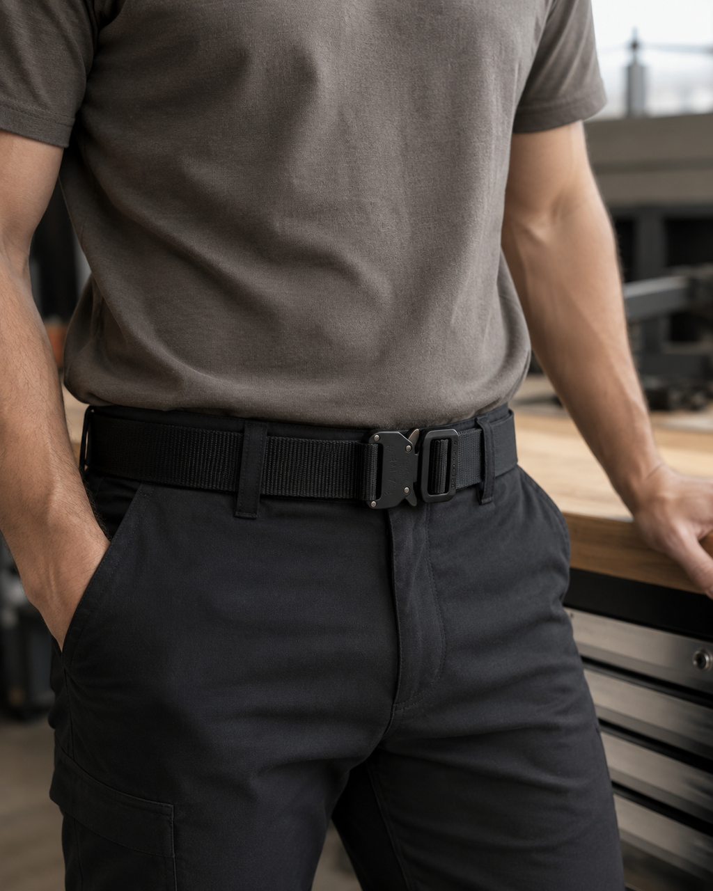 ICONTACTIC 1.75" Outer Equipment Belt, concept render pending supplier verification, worn over a plain inner belt without pouches, waist-level view, illustrative