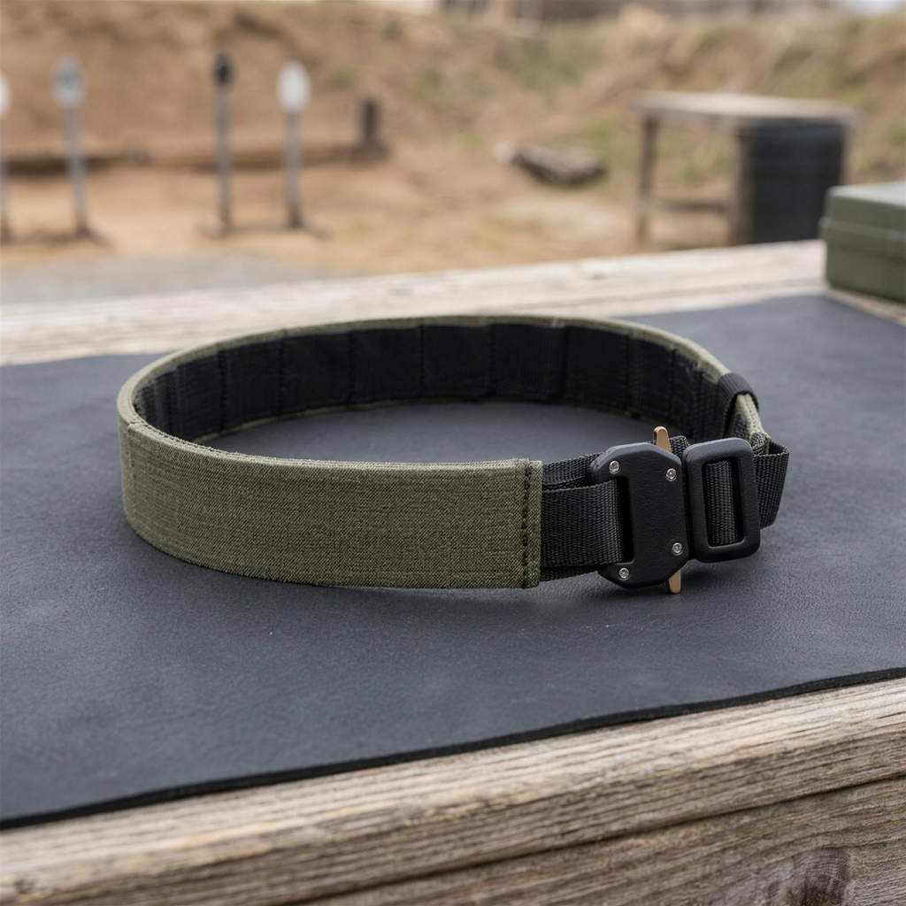 ICONTACTIC 1.75 inch Outer Equipment Belt, concept render pending supplier verification, coiled belt on an outdoor range bench
